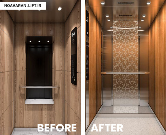 اجرای پروژه بازسازی لوکس کابین آسانسور قدیمی با استفاده از پنلهای طرح چوب و استیل نوآوران در رشت